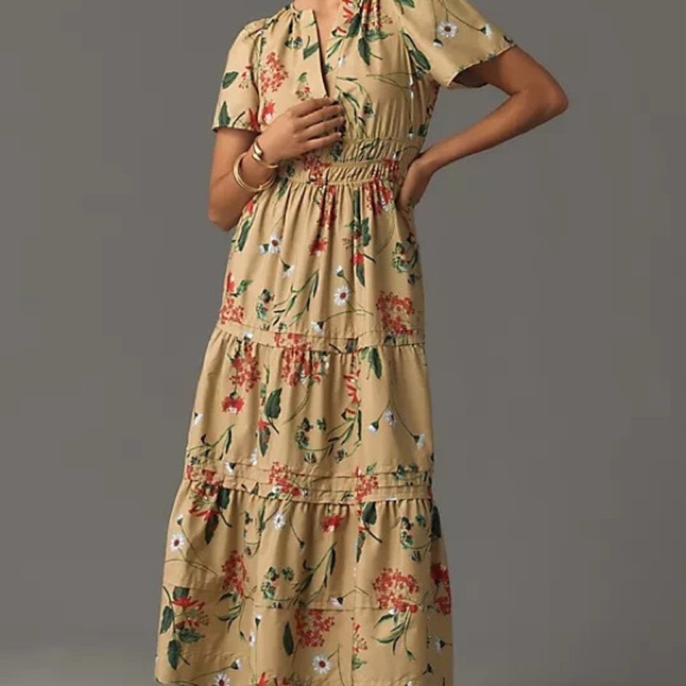 Anthropologie Floral Maxi Dress in Tan and Red